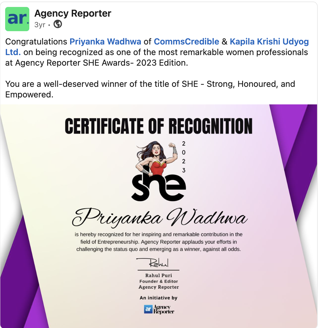 SHE Award Certificate of Recognition